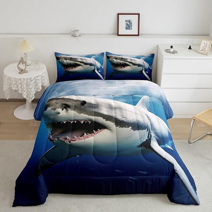 Kids Comforter Set for Boys Girls,3D Shark Fish Down Comforter 3 Piece Hawaiian Beach Theme Bedding Quilted Duvet Set Ocean Sea Animal Pattern Blue Duvet Insert for Toddler Teen Bedroom Decor,Queen