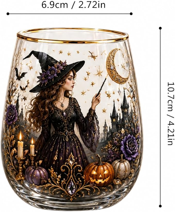 3D Halloween Autumn Glass Art Cup,Stemless Holiday Glassware Collection | Fantasy Fall Witch Wine Glasses,Holiday Printed Table Ornaments,Magical Halloween Home Decor Gifts for Various Beverages