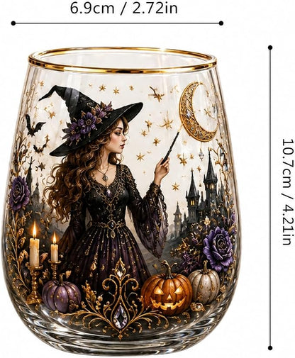 3D Halloween Autumn Glass Art Cup,Stemless Holiday Glassware Collection | Fantasy Fall Witch Wine Glasses,Holiday Printed Table Ornaments,Magical Halloween Home Decor Gifts for Various Beverages