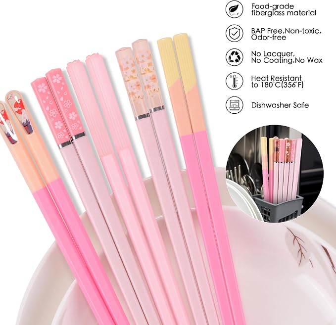 Chopsticks Reusable Dishwasher Safe, GLAMFIELDS 5 Pairs 9.5 Inches Premium Chop Sticks Set for Sushi, Ramen, Asian Cuisine, Matte Non-slip with Gift Case, Pink