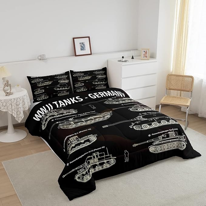 Tank Comforter Set Twin, War Theme Bedding Set, Soldier Dirt Bike Camouflage Army Acting Down Comforter For Kid Boy Teen Men,Camo Vintage Style Quilt Set, Military Vehicle Duvet Set Room Decor