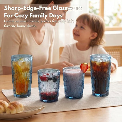 Blue Drinking Glasses Set of 12, 12 Oz Highball & 10 Oz Cocktail Glasses, Blue Kitchen Vintage Glassware Set, Floral Embossed Glass Tumbler Cups for Beer, Juice, Whiskey, Coffee(Snow)