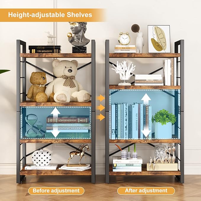 Bookshelf, 4 Tier Stackable Bookcase, Adjustable Industrial Book Shelf Storage Organizer for Desktop, Living Room, Bedroom, Office(Rustic Black and Brown)