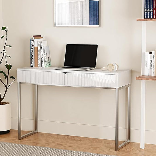 White Vanity Desk with 2 Drawers, Silver and White Desk,Home Office Desk Modern Makeup Vanity Table with Glossy Desktop,Writing Computer Standing Desk with Wood Top and Metal Legs