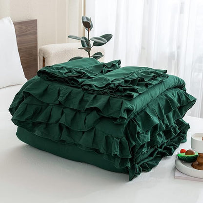 Andency Dark Emerald Green Comforter Set King, 3 Pieces Lightweight Ruffle Bedding Comforter Sets, Farmhouse Ruffle Bed Comforter Set, Lightweight and Soft Bedding Comforter for All Seasons