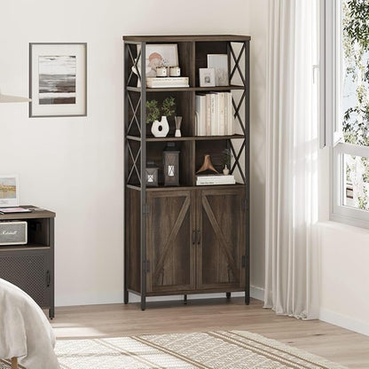 FATORRI Bookshelf with Doors, Rustic Wood Bookcase with Cabinet, Industrial Tall Cubby Book Shelf and Cube Organizer Shelf for Living Room (Walnut Brown)