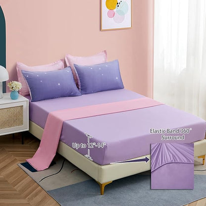Girls Comforter Set Queen Size 7 Pieces Bed in A Bag Ombre Pink Purple Rainbow Bedding Set Collections for Teen Women (1 Comforter, 1 Flat Sheet, 1 Fitted Sheet, 2 Pillow shams, 2 Pillowcases)