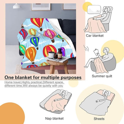 Cartoon Hot Air Balloon Kids Blanket 40x50 Inches - Plush Flannel Throw Blankets for Boys & Girls - Playful Cloud & Balloon Print - Lightweight Travel Blanket for Car Bed & Sofa