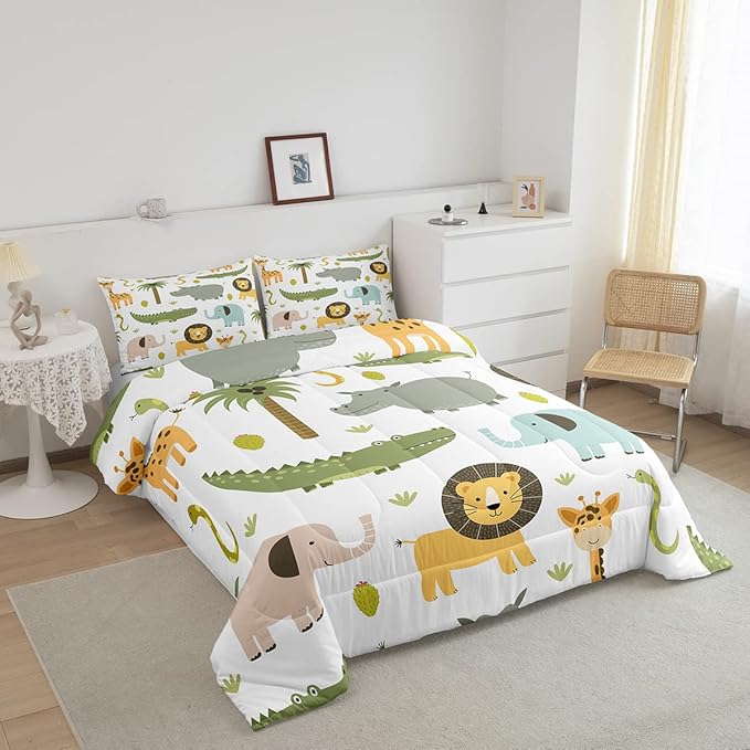 Feelyou Wild Animals Comforter Set Safari Animals Print Comforter for Boys Girls Teens Cute Hippo Crocodile Lion Bedding Set Kids Cartoon Elephant Giraffe Duvet Set Room Decor Quilt Set Queen Size
