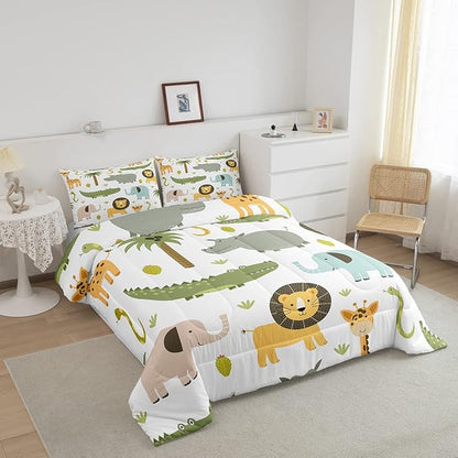 Feelyou Wild Animals Comforter Set Safari Animals Print Comforter for Boys Girls Teens Cute Hippo Crocodile Lion Bedding Set Kids Cartoon Elephant Giraffe Duvet Set Room Decor Quilt Set Queen Size
