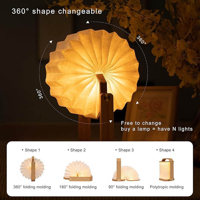 LED Desk Lamp Dimmable Table Lamp Reading Lamp with USB Charging Port, Wooden Hand Lamp, Folding Paper Portable Lamp, Eye-Caring Lamp, Led Lights for Home Decoration (Bamboo)