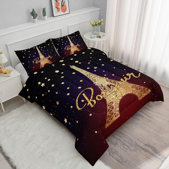 Datura home Kids Comforter Set Eiffel Tower Printed Pattern Bedding Set with 1 Comforter and 2 Pillowcases for Girls Boys Bedroom All Season(Tower Twin)