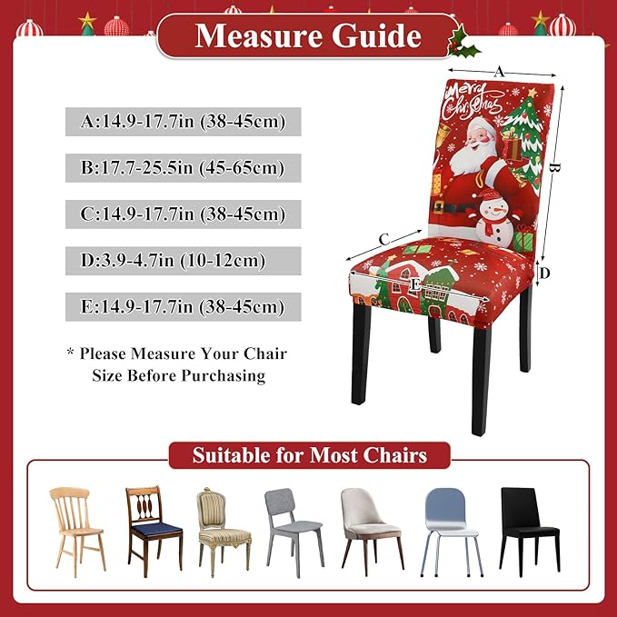 U'Artlines Christmas Chair Covers Set of 6, Removable Washable Merry Christmas Dining Chair Seat Covers Stretch Protector Slipcovers for Dining Room Kitchen Holiday Party Decor, Santa Claus