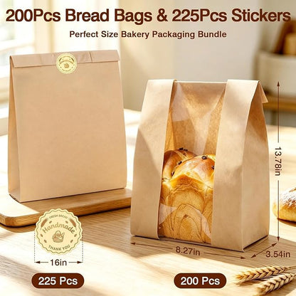 200 PCS Bread Bags for Homemade Bread, Clear Window Sourdough Bags | Bakery Paper Bags for Cookie and Snack Storage, Loaf Packaging, Sourdough Bread Bags Includes 225 Sealing Stickers