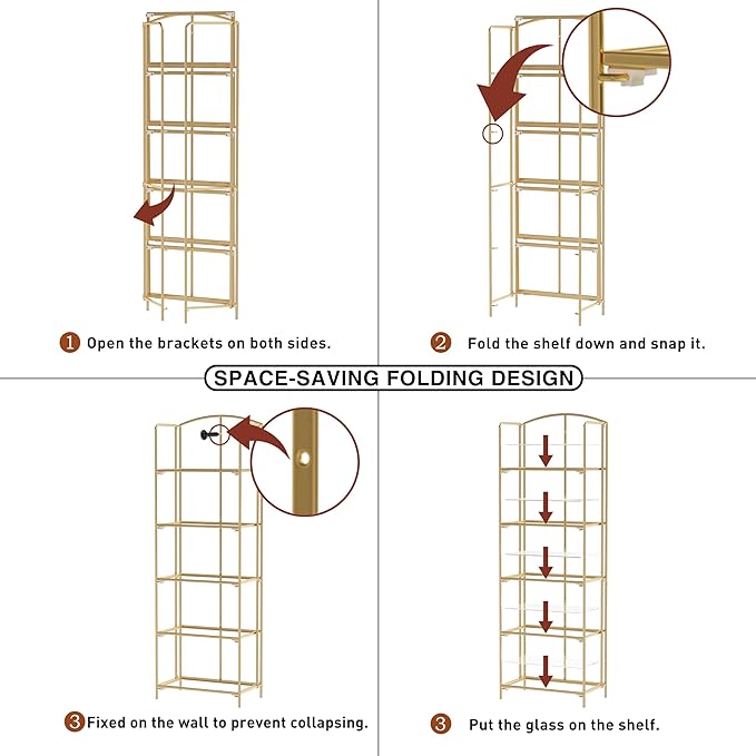 No Assembly Folding Bookshelf, 5 Tier Gold Bookshelf, Metal Book Shelf for Storage, Folding Bookcase for Office Organization and Storage, 12.87" D x 22.91" W x 68.1" H