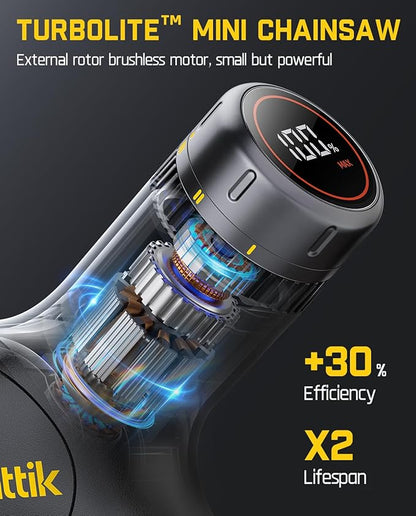 Fanttik TurboLite W10 APEX External Rotor Brushless Motor Mini Chainsaw Cordless with 3 Speed Adjustment, Type-C Fast Charging, LED Light for Tree Wood, Tools for Household and Garden