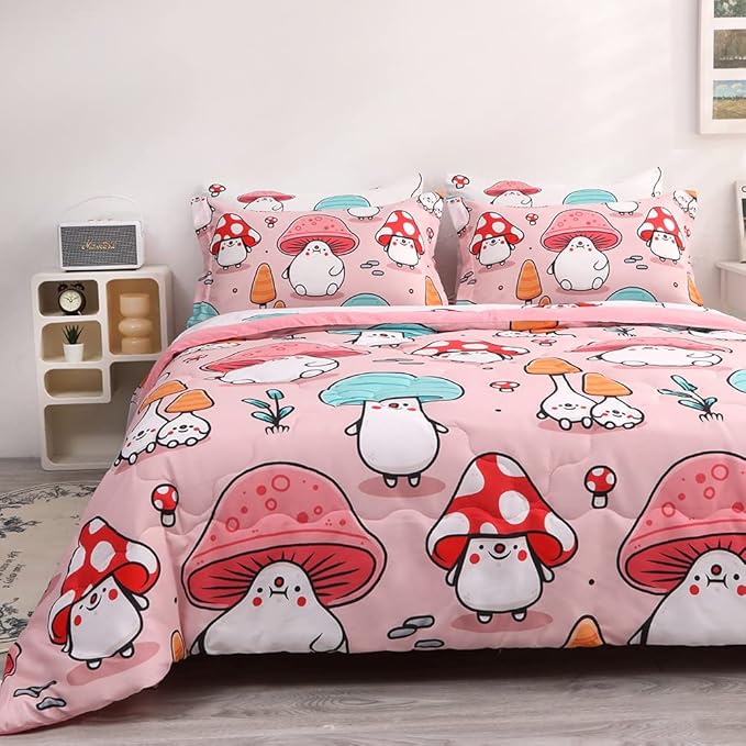 Wajade Kids Cute Mushroom Comforter Set Bed in A Bag Full Size 7 Piece Pink Cartoon Mushroom Head Bedding Set for Girls (1 Comforter, 1 Flat Sheet, 1 Fitted Sheet, 2 Pillowcase and 2 Pillow Sham)