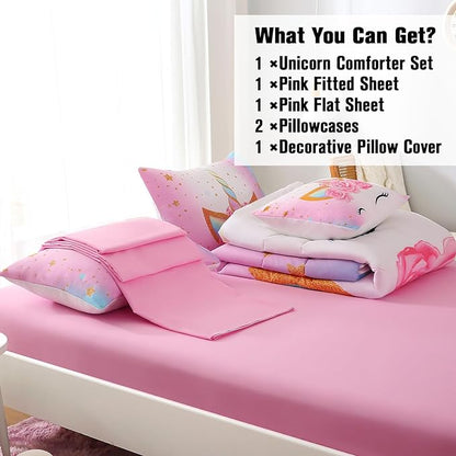 JQinHome Unicorn Twin Bedding Sets for Girls Kids,6 Piece Bed in A Bag 3D Colorful Flower Girl Unicorn Comforter Set with Sheet Set