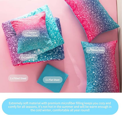 RYNGHIPY 6Pcs 3D Glitter Comforter Bedding Sets for Kids Teens Girls Women, Turquoise Blue Pink Rainbow Quilt Set Queen Size, Ultra Soft Reversible Bed in A Bag