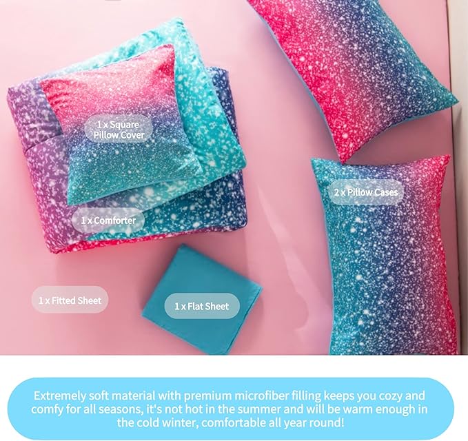 RYNGHIPY 6Pcs Gradient Glitter Comforter Sets for Teen Girls Full Size, Colorful Rainbow All-Season Coverlet Set, Ultra Soft Bedding Collections