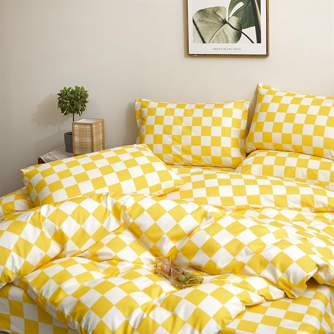 Brand King 3PC Bedding Set, Grid Yellow White Comforter Set with Checkered Pattern, All Season Breathable Blanket Set, Durable Bedding for Men and Women, Ideal Gift