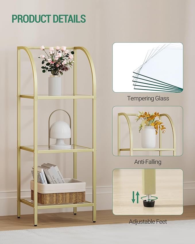 Bookcase Bookshelf, Tempered Glass Arched Bookshelf for More Storage, Slim Shelving Unit for Bedroom, Bathroom, Home Office, Steel Frame, 3 Tier Gold BC20399G