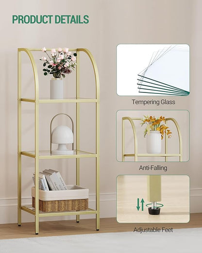 Bookcase Bookshelf, Tempered Glass Arched Bookshelf for More Storage, Slim Shelving Unit for Bedroom, Bathroom, Home Office, Steel Frame, 3 Tier Gold BC20399G