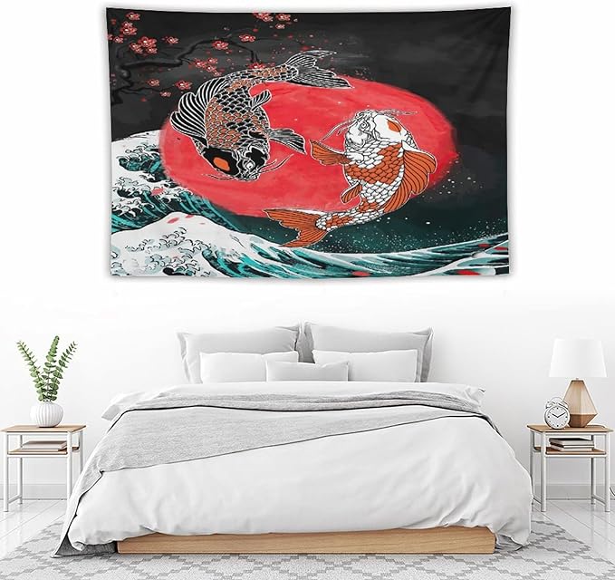 Houselerax Koi Fish Tapestries,Japanese Style Yin Yang Big Wave Cherry Blossoms Tapestry Wall Hanging for Bedroom Living Room Office Decor 90"x60"