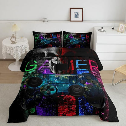 Gamer Bedding Sets for Boys, Gaming Down Comforter Twin Size, Gamer Room Decor Bedding Kids Video Games Comforter Set, Sugar Skull Gamepad Bed Duvet Sets for Men Bedroom,with 1 Marble Pillow Sham