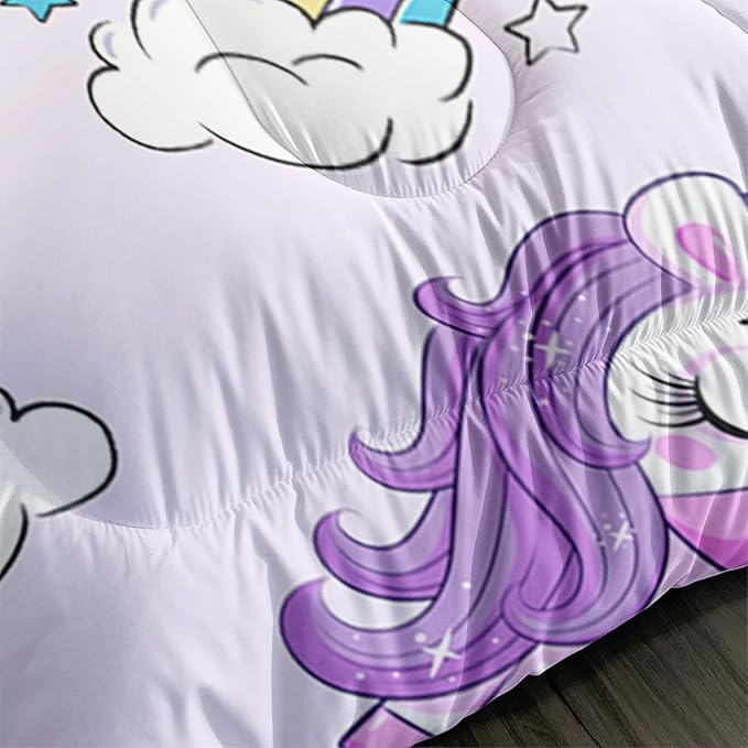 Axolotl Purple Unicorn Comforter Set Queen Size,Girls Bedding Set,Cute Unicorn Rainbow Bedding Set with Stars for Kids Girls Teens Adults Women,1 Comforter with 2 Pillowcase Unicorn Gifts for Girls