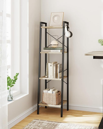 Ladder Shelf, Bookshelf Bookcase, Freestanding Corner Storage Shelve with 2 Hooks for Home Office, Living Room, Kitchen, Bedroom, Industrial, 4-Tier Greige BC13205B