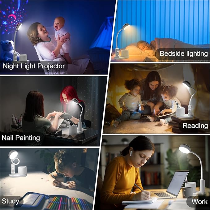 Cute Kids Desk Lamp 2000mAh Rechargeable Kawaii Desk Lamp with Star Projection & Pen Holder, Aesthetic Kids Bedside Lamp with Flexible Gooseneck/ 3 Level Brightness/Eye-Caring for Reading, Study