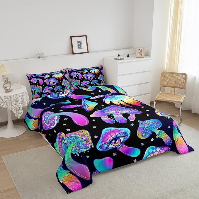 Mushroom Comforter Set King,Kawaii Trippy Botanical Bedding Set Psychedelic Plant Down Comforter for Kids Girls Teens Women Cartoon Cute Mushroom Room Decor Quilt Duvet Set with 2 Pillow Cases Black