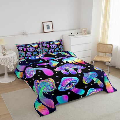 Mushroom Comforter Set Full,Kawaii Trippy Botanical Bedding Set Psychedelic Plant Down Comforter For Kids Girls Teens Women Cartoon Cute Mushroom Room Decor Quilt Duvet Set With 2 Pillow Cases Black