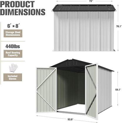 JUMMICO Metal Outdoor Storage Shed 6 x 8 FT Metal Shed with Lockable Door,Waterproof Garden Tool Shed Storage House for Backyard Patio Lawn,White