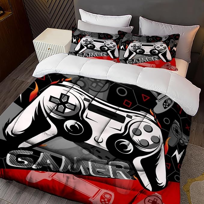 Sunnycitron Red Gamer Comforter Set for Boys Gaming Bedding Set Teens Game Room Decor Twin (1 Comforter + 2 Pillowcase)