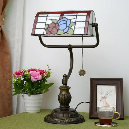 Bankers Lamp,Stained Glass Lamp,Dimmable Vintage Desk Lamp for Home Office Workplace Nightstand Bedroom Library Piano LED Bulb Included (roses)