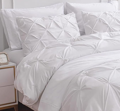 LANE LINEN California King Comforter Set, 7 Piece Cal King Bed in a Bag, Pintuck Cal King Bedding Set, Soft Cali King Bed Set, Cal King Bedding Comforter Sets with Sheets, Pillowcases & Shams - White