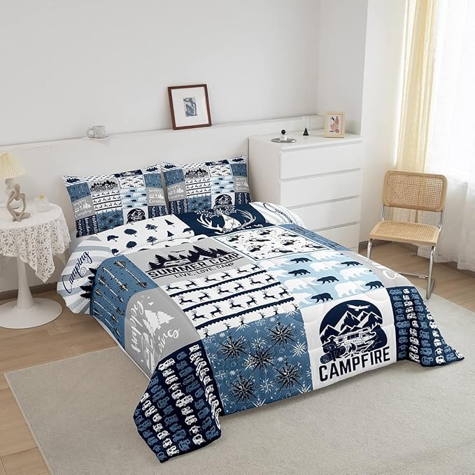 Camper Gifts Comforter Set Twin, Happing Camping Gifts For Men Women, Blue Camper Bedding Set For Camping Lovers Campsite, Camping Down Comforter For RV Travel Hiking, Camper Decor, Buffalo Plaid