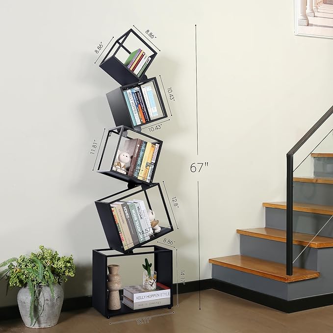 Bookshelf, 5-Tier Bookcase Black, 67" Tall Black Bookshelf, Modern Book Shelf, Storage Shelves for CDs/Books/Home Decor, Display Shelf for Living Room, Bedroom, Study Room, Nursery Room