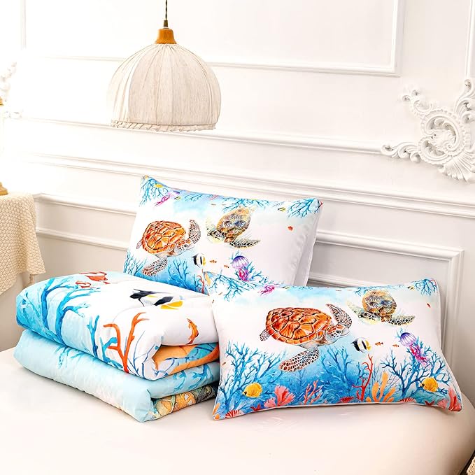 CVHOUSE Sea Turtle Comforter Set,Ocean Watercolor Sea Turtle Bedding Set for Kids Teens,Ocean Sea Turtle Comforter Sea Turtle Duvet Set Room Decor Quilt Set Twin Size