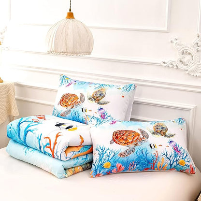 CVHOUSE Sea Turtle Comforter Set,Ocean Watercolor Sea Turtle Bedding Set for Kids Teens,Ocean Sea Turtle Comforter Sea Turtle Duvet Set Room Decor Quilt Set Twin Size
