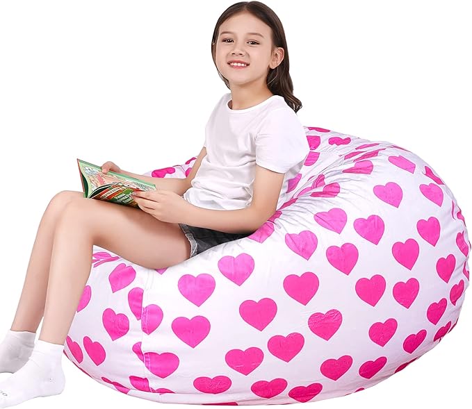 Lukeight Stuffed Animal Storage Bean Bag Chair Cover for Kids, Zipper Beanbag Chair Cover for Organizing Toddler & Kids' Rooms Plush Toys (Heart Velvet, X-Large)