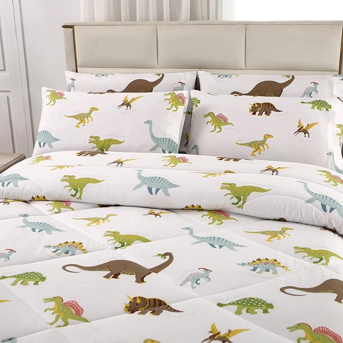 MAG 3Pcs Dinosaur Bedding Comforter Set, Dino White Base Twin Comforter Set,for Toddlers Kids,Boys Teens and Girls,Super Soft Microfiber, Twin Size (1 Comforter + 2 Pillowcases)