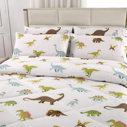 MAG 3Pcs Dinosaur Bedding Comforter Set, Dino White Base Full/Queen Comforter Set,for Toddlers Kids,Boys Teens and Girls,Super Soft Microfiber, Full/Queen Size (1 Comforter + 2 Pillowcases)
