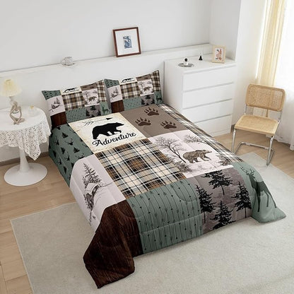 Rustic Farmhouse Kids Comforter Set Twin Size,Deer Antlers Bear Paws Plaids Patchwork Bedding Set for Boys Girls Adults Room Decor,Pine Trees Arrows Down Comforter,Xmas Duvet Insert,1 Pillowcase