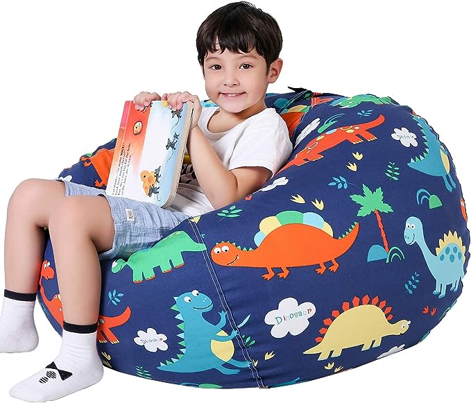 Lukeight Stuffed Animal Storage Bean Bag Chair Cover for Kids, Dinosaur Zipper Beanbag Chair Cover for Organizing Toddler & Kids' Rooms Plush Toys (Dinosaur, Large)