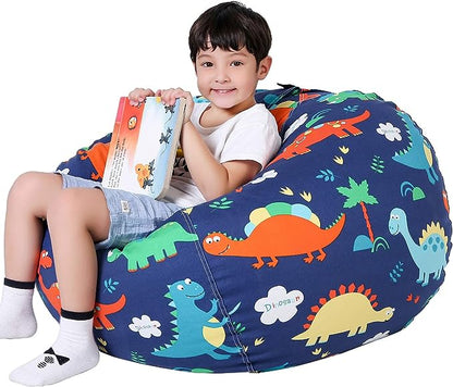 Lukeight Stuffed Animal Storage Bean Bag Chair Cover for Kids, Dinosaur Zipper Beanbag Chair Cover for Organizing Toddler & Kids' Rooms Plush Toys (Dinosaur, Large)