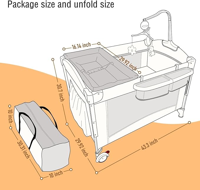 5 in 1 Baby Crib,Baby Bassinet, Bedside Cribs, Pack and Play with Bassinet and Changing Table, Portable Travel Baby Playpen with Bassinet Toys & Music Box,Mattress for Girl Boy Infant Newborn (Grey)