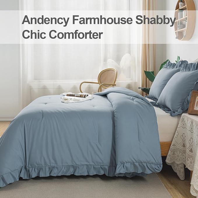 Andency Grayish Blue King Comforter Set(104x90Inch), 3 Pieces Lightweight Winter Summer Warm Fluffy Bedding Comforter Set, All Season Microfiber Shabby Chic(1 Ruffle Comforter and 2 Pillowcases)